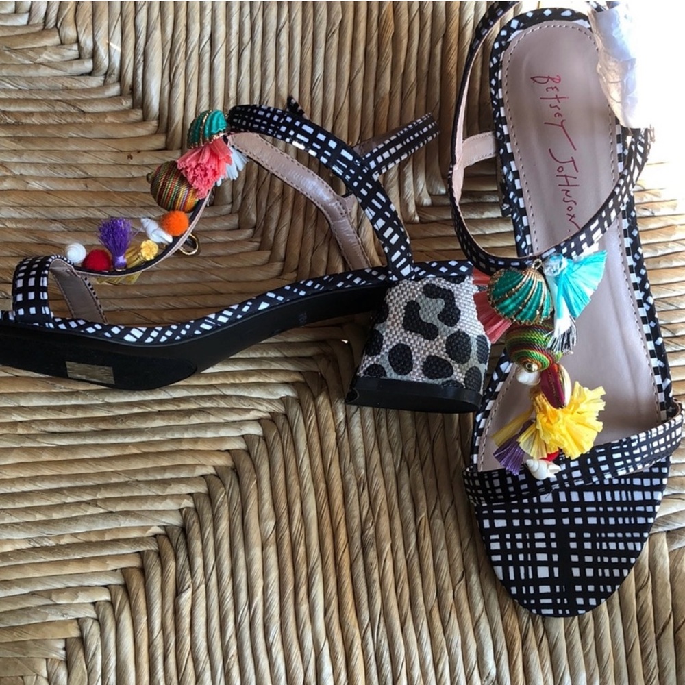 Betsey Johnson Dynah Black and White Heels with Colorful Tassels